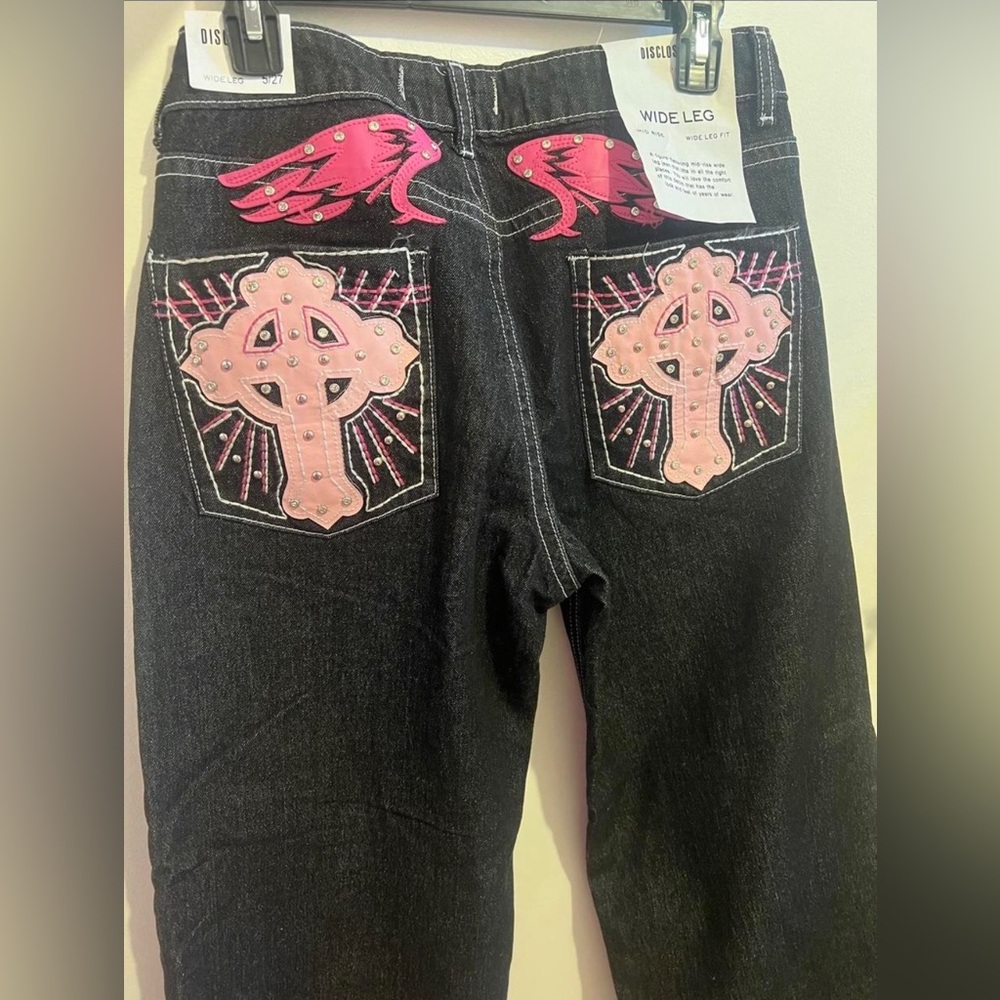 Black Wide Leg Jeans with Pink Cross Pocket Embroidery